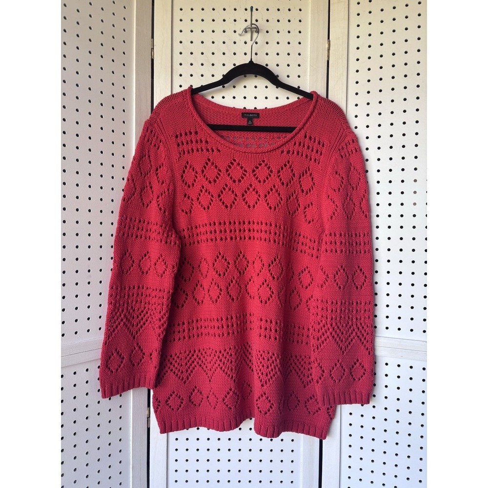 Talbots Sweater Red Women's XL Pointelle Knit Crochet Roll Neck Pullover 3/4 SLV